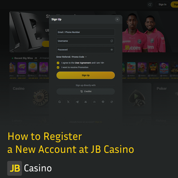 To register at JB Casino, press 'Registration' button and fill in the form, check our instruction if nessesary
